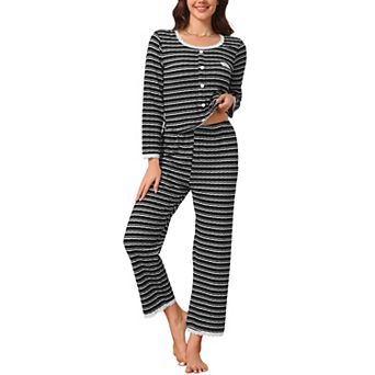 Women's Pajama Set Lace Trim Striped Long Sleeves 2 pc Set Top and Pants Cute Fall Winter