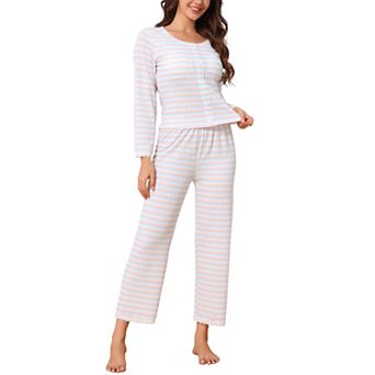 Women's Pajama Set Lace Trim Striped Long Sleeves 2 pc Set Top and Pants Cute Fall Winter