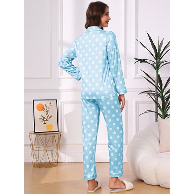 Women's Pajama Set Polka Dots Long Sleeve Button Down Tops Piping Soft Long Pants 2 Piece Lounge Set