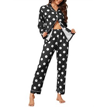 Women's Pajama Set Polka Dots Long Sleeve Button Down Tops Piping Soft Long Pants 2 pc Lounge Set