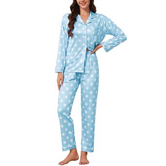 Women's Pajama Set Polka Dots Long Sleeve Button Down Tops Piping Soft Long Pants 2 pc Lounge Set