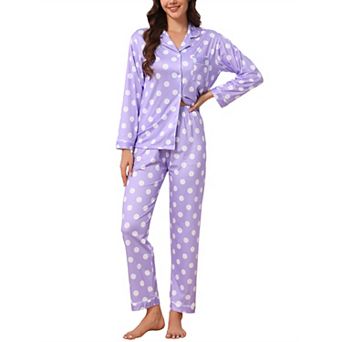 Women's Pajama Set Polka Dots Long Sleeve Button Down Tops Piping Soft Long Pants 2 pc Lounge Set
