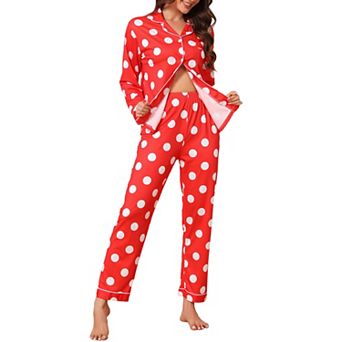 Women's Pajama Set Polka Dots Long Sleeve Button Down Tops Piping Soft Long Pants 2 pc Lounge Set