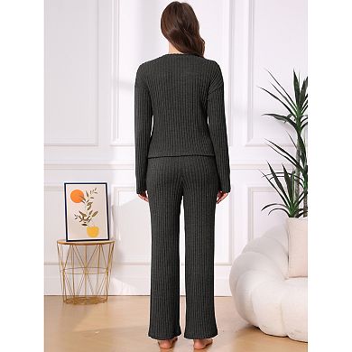 Women's Pajama Set Ribbed Long Sleeve Henley Collar Elastic Waist Drawstring Wide Leg Pants Sets