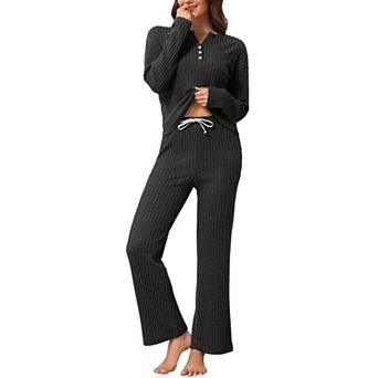 Women's Pajama Set Ribbed Long Sleeve Henley Collar Elastic Waist Drawstring Wide Leg Pants Sets