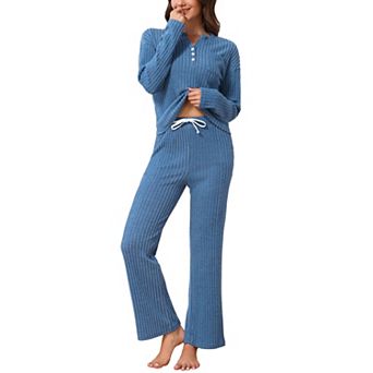 Women's Pajama Set Ribbed Long Sleeve Henley Collar Elastic Waist Drawstring Wide Leg Pants Sets