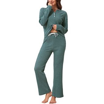 Women's Pajama Set Ribbed Long Sleeve Henley Collar Elastic Waist Drawstring Wide Leg Pants Sets
