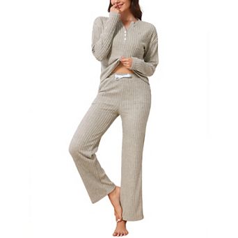 Women's Pajama Set Ribbed Long Sleeve Henley Collar Elastic Waist Drawstring Wide Leg Pants Sets