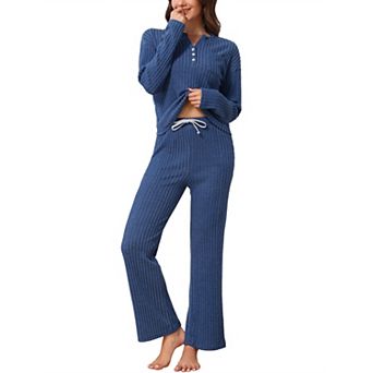 Women's Pajama Set Ribbed Long Sleeve Henley Collar Elastic Waist Drawstring Wide Leg Pants Sets