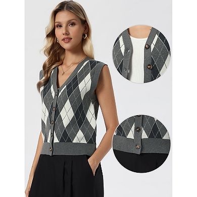 Sweater Vest Top for Women's Sleeveless V Neck Argyle Button Down Casual Cardigan Sweater
