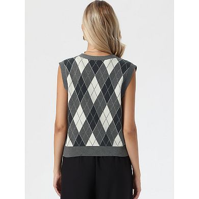 Sweater Vest Top for Women's Sleeveless V Neck Argyle Button Down Casual Cardigan Sweater