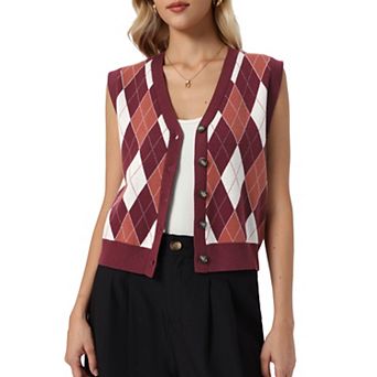 Sweater Vest Top for Women's Sleeveless V Neck Argyle Button Down Casual Cardigan Sweater