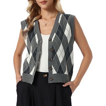 Sweater Vest Top for Women's Sleeveless V Neck Argyle Button Down Casual Cardigan Sweater