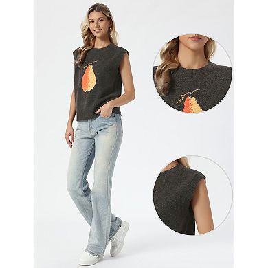 Sweater Vest Top for Women's Sleeveless Crew Neck Casual Pear Pattern Knitted Pullover Sweater