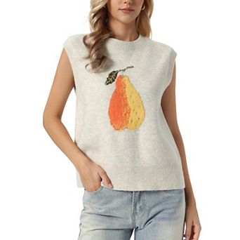 Sweater Vest Top for Women's Sleeveless Crew Neck Casual Pear Pattern Knitted Pullover Sweater