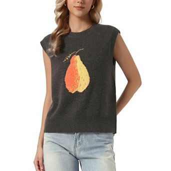 Sweater Vest Top for Women's Sleeveless Crew Neck Casual Pear Pattern Knitted Pullover Sweater