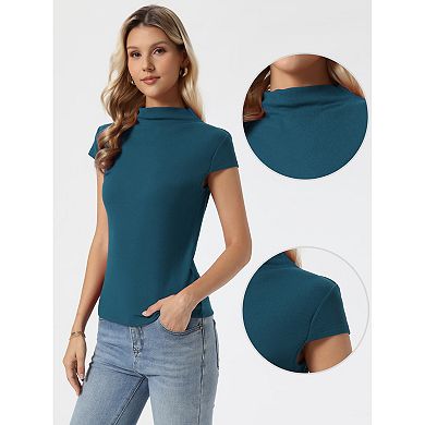 Short Sleeve Sweater for Women's Mock Neck Casual Knit Slim Pullover Top