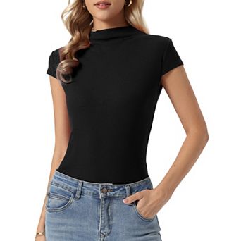 Short Sleeve Sweater for Women's Mock Neck Casual Knit Slim Pullover Top