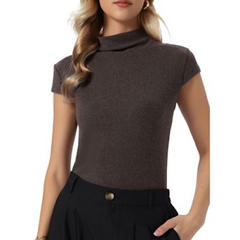 Short Sleeve Sweater for Women's Mock Neck Casual Knit Slim Pullover Top