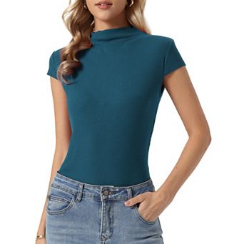 Short Sleeve Sweater for Women's Mock Neck Casual Knit Slim Pullover Top