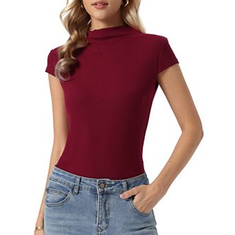 Short Sleeve Sweater for Women's Mock Neck Casual Knit Slim Pullover Top