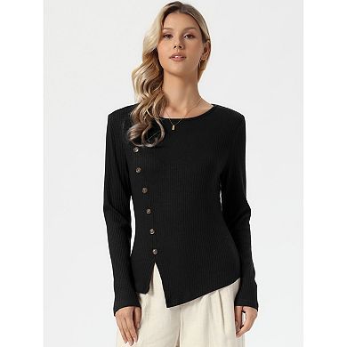 Long Sleeve Sweater for Women's Crew Neck Button Decor Casual Knit Ribbed Pullover Tops
