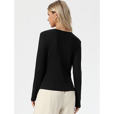 Long Sleeve Sweater for Women's Crew Neck Button Decor Casual Knit Ribbed Pullover Tops