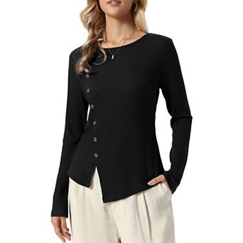 Long Sleeve Sweater for Women's Crew Neck Button Decor Casual Knit Ribbed Pullover Tops