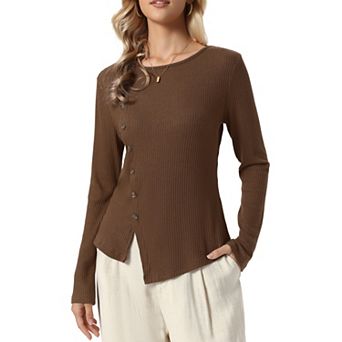 Long Sleeve Sweater for Women's Crew Neck Button Decor Casual Knit Ribbed Pullover Tops