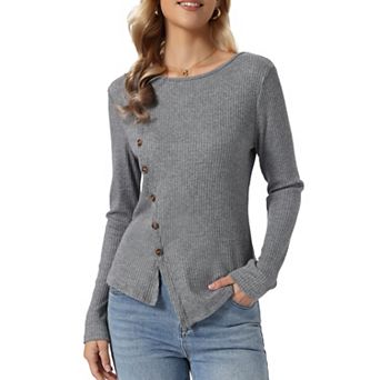 Long Sleeve Sweater for Women's Crew Neck Button Decor Casual Knit Ribbed Pullover Tops
