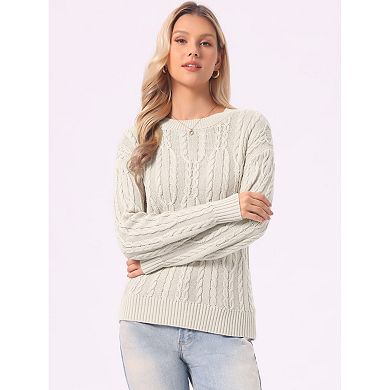 Cable Knit Sweater for Women's Round Neck Drop-Shoulder Long Sleeve Casual Fall Winter Sweater