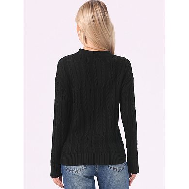 Cable Knit Sweater for Women's Round Neck Drop-Shoulder Long Sleeve Casual Fall Winter Sweater