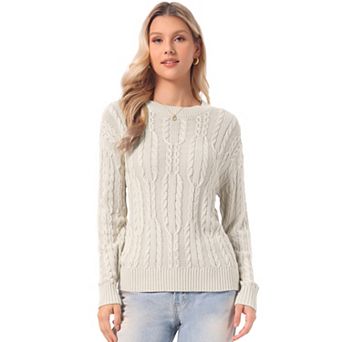 Cable Knit Sweater for Women's Round Neck Drop-Shoulder Long Sleeve Casual Fall Winter Sweater