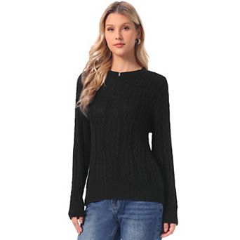 Cable Knit Sweater for Women's Round Neck Drop-Shoulder Long Sleeve Casual Fall Winter Sweater