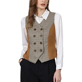 Women's Plaid Vest Top Sleeveless Double Breasted Faux Suede Panel Dressy Casual Wasitcoat