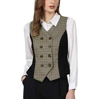 Women's Plaid Vest Top Sleeveless Double Breasted Faux Suede Panel Dressy Casual Wasitcoat