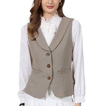 Women's Plaid Vest Top Business Casual Lapel Collar Houndstooth Button Wasitcoat with Pockets