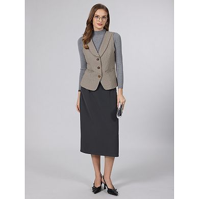 Women's Plaid Vest Top Business Casual Lapel Collar Houndstooth Button Wasitcoat with Pockets