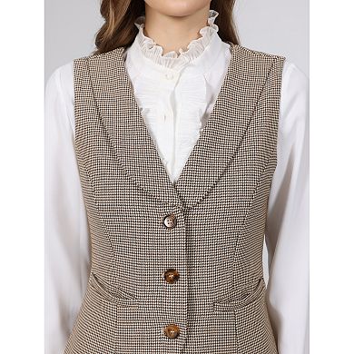 Women's Plaid Vest Top Business Casual Lapel Collar Houndstooth Button Wasitcoat with Pockets