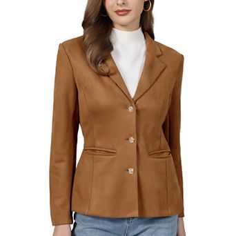 Women's Faux Suede Blazer Lapel Collar Long Sleeve Business Casual Suit Jacket