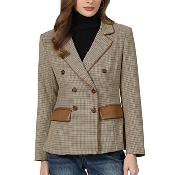 Women's Plaid Blazer Trendy Casual Houndstooth Double Breasted Suit Jacket