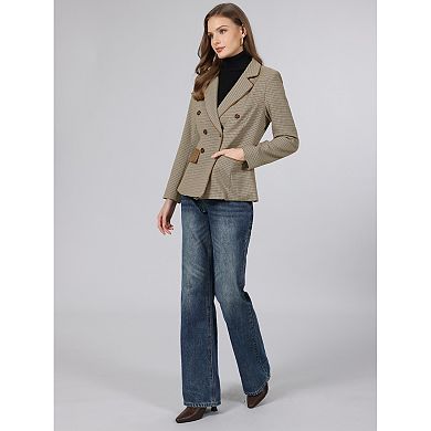 Women's Plaid Blazer Trendy Casual Houndstooth Double Breasted Suit Jacket