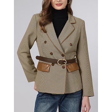 Women's Plaid Blazer Trendy Casual Houndstooth Double Breasted Suit Jacket