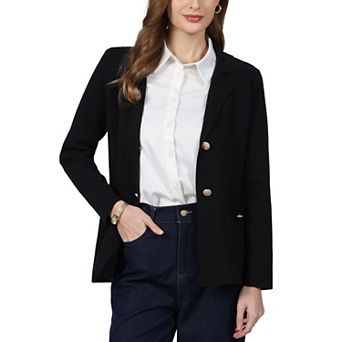 Women's Sweater Blazer Business Casual Lapel Neck Button Knit Suit Jacket with Pockets