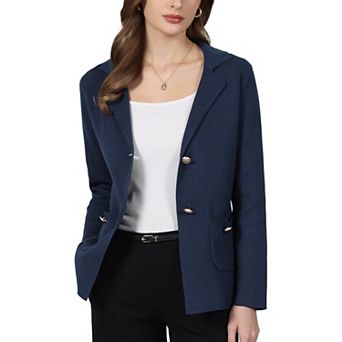 Women's Sweater Blazer Business Casual Lapel Neck Button Knit Suit Jacket with Pockets