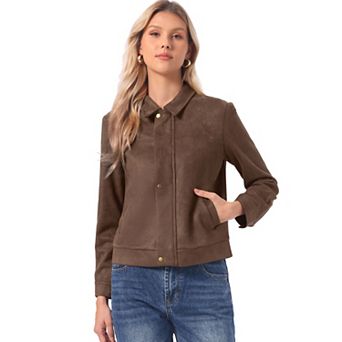 Faux Suede Jacket for Women's Point Collar Long Sleeves Zipper Jacket with Pockets