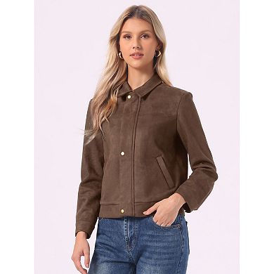 Faux Suede Jacket for Women's Point Collar Long Sleeves Zipper Jacket with Pockets