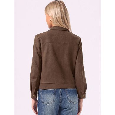 Faux Suede Jacket for Women's Point Collar Long Sleeves Zipper Jacket with Pockets