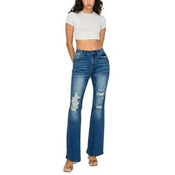 Women’s High Waist Ripped Flared Jeans Distressed Bootcut Denim
