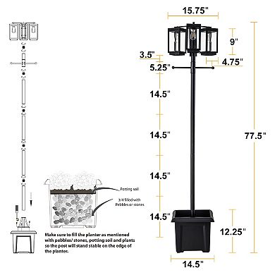 C Cattleya 77.5-Inch 3-Light Black Complete Post Light with Planter and Clear Tempered Glass